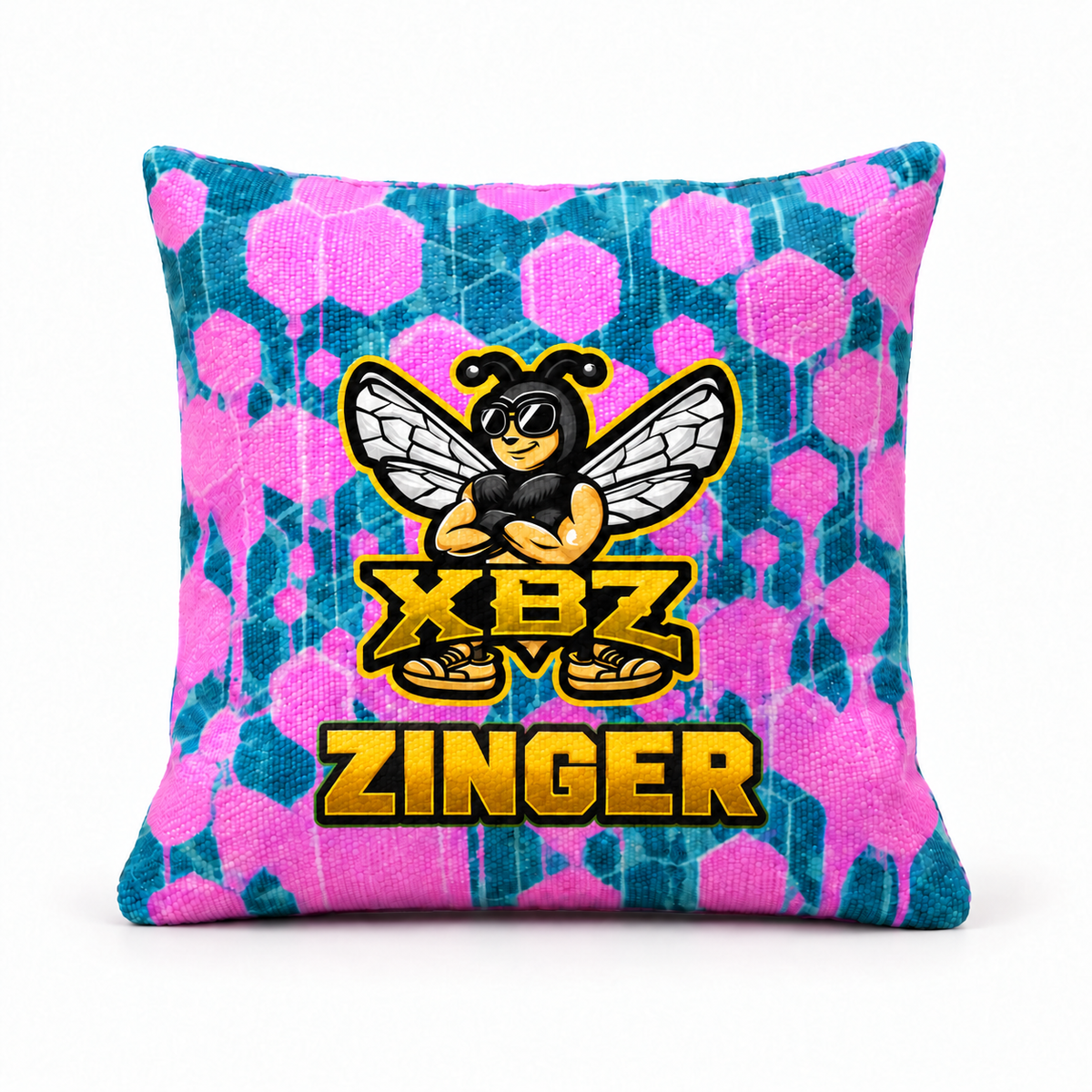 xbz zinger cornhole bag with xbz bee logo, pink and blue