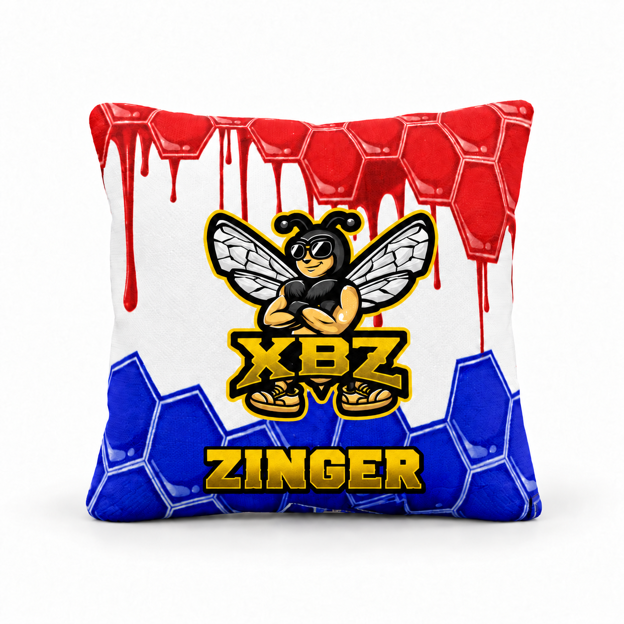 xbz zinger cornhole bag with xbz bee logo, red, white and blue